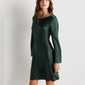 Quince 100% Washable Silk Long Sleeve Mini Dress Forest Green